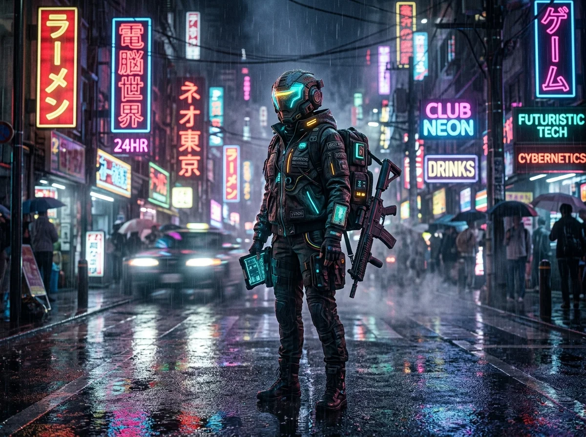 Cinematic cyberpunk key art with realistic rain reflections and neon lighting
